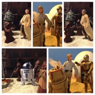 LUKE: "Uncle Owen…" Owen is negotiating with the head Jawa. OWEN: "Yeah?" LUKE: "This R2 unit has a bad motivator. Look!" OWEN: (to the head Jawa) "Hey, what're you trying to push on us?" The Jawa goes into a loud spiel. Meanwhile, Artoo is moving up and down trying to attract attention. He lets out with a low whistle. Threepio taps Luke on the shoulder. THREEPIO: (pointing to Artoo) "Excuse me, sir, but that R2 unit is in prime condition. A real bargain." #starwars #anhwt #starwarstoycrew #jbscrew #blackdeathcrew #starwarstoypix #toyshelf 
